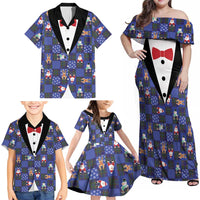 Christmas Patchwork Fake Tuxedo Family Matching Off Shoulder Maxi Dress and Hawaiian Shirt Santa and Reindeer Blue Plaid Style - Wonder Print Shop
