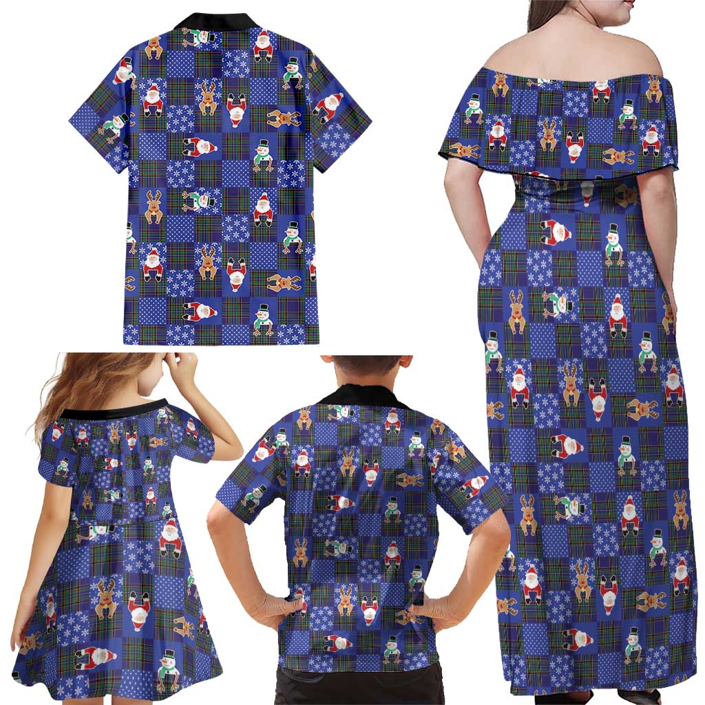 Christmas Patchwork Fake Tuxedo Family Matching Off Shoulder Maxi Dress and Hawaiian Shirt Santa and Reindeer Blue Plaid Style - Wonder Print Shop