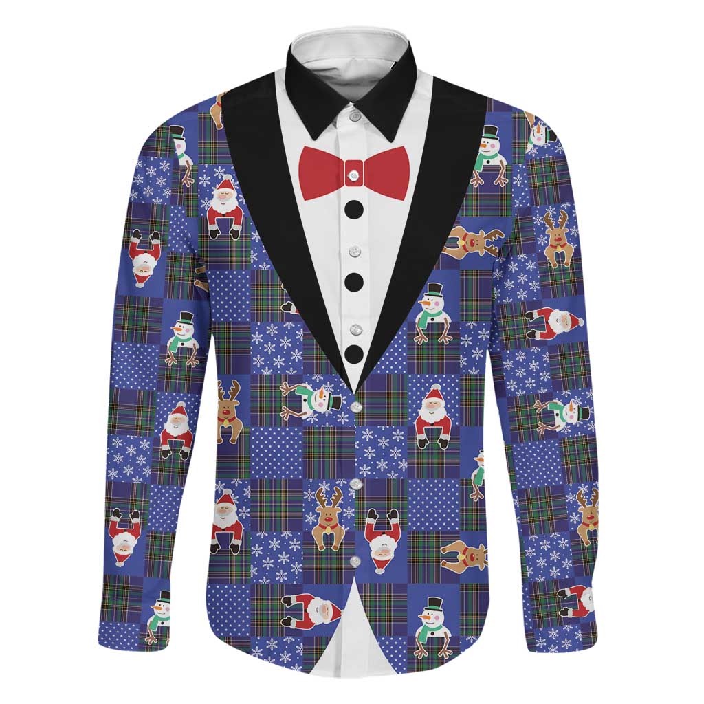 Christmas Patchwork Fake Tuxedo Family Matching Off Shoulder Maxi Dress and Hawaiian Shirt Santa and Reindeer Blue Plaid Style - Wonder Print Shop