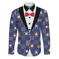 Christmas Patchwork Fake Tuxedo Family Matching Off Shoulder Maxi Dress and Hawaiian Shirt Santa and Reindeer Blue Plaid Style - Wonder Print Shop