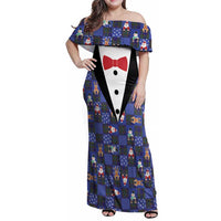 Christmas Patchwork Fake Tuxedo Family Matching Off Shoulder Maxi Dress and Hawaiian Shirt Santa and Reindeer Blue Plaid Style - Wonder Print Shop