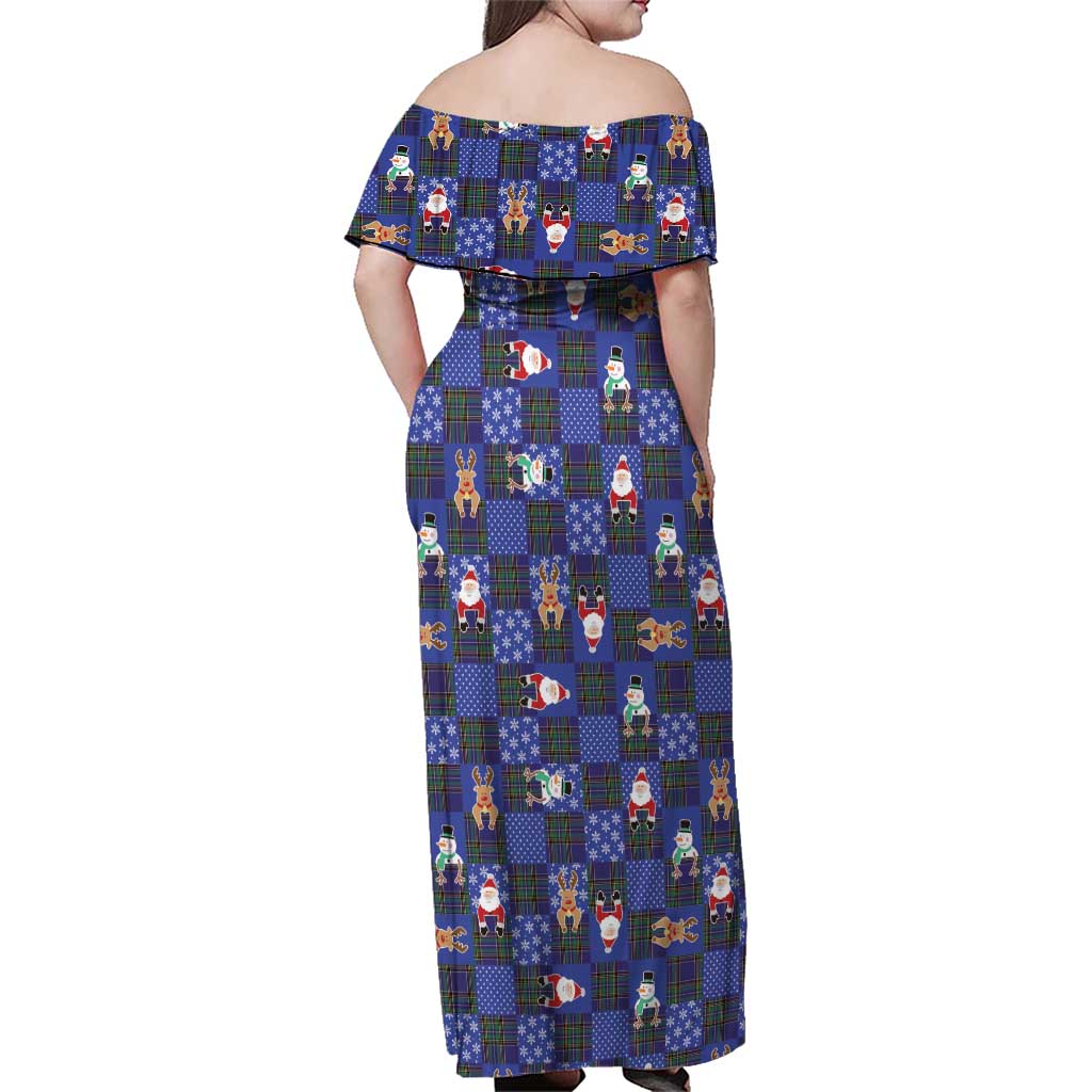 Christmas Patchwork Fake Tuxedo Family Matching Off Shoulder Maxi Dress and Hawaiian Shirt Santa and Reindeer Blue Plaid Style - Wonder Print Shop