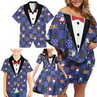 Christmas Patchwork Fake Tuxedo Family Matching Off Shoulder Short Dress and Hawaiian Shirt Santa and Reindeer Blue Plaid Style - Wonder Print Shop
