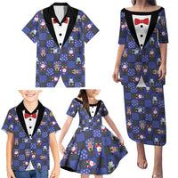 Christmas Patchwork Fake Tuxedo Family Matching Puletasi and Hawaiian Shirt Santa and Reindeer Blue Plaid Style - Wonder Print Shop