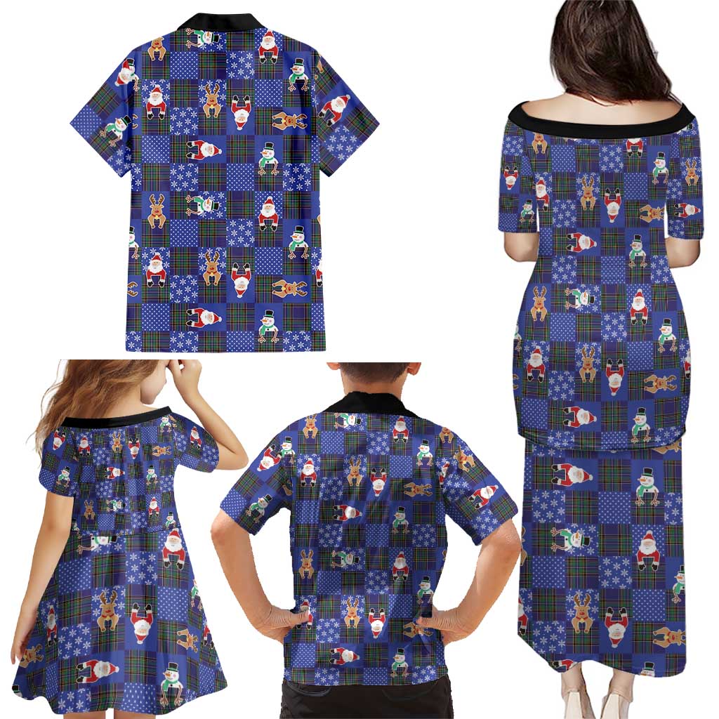 Christmas Patchwork Fake Tuxedo Family Matching Puletasi and Hawaiian Shirt Santa and Reindeer Blue Plaid Style - Wonder Print Shop
