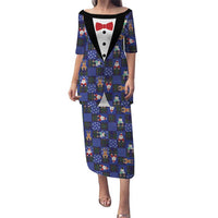 Christmas Patchwork Fake Tuxedo Family Matching Puletasi and Hawaiian Shirt Santa and Reindeer Blue Plaid Style - Wonder Print Shop