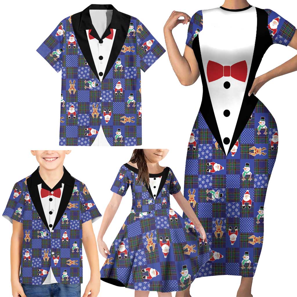 Christmas Patchwork Fake Tuxedo Family Matching Short Sleeve Bodycon Dress and Hawaiian Shirt Santa and Reindeer Blue Plaid Style - Wonder Print Shop