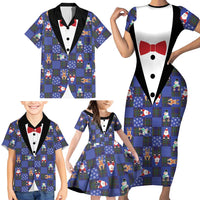 Christmas Patchwork Fake Tuxedo Family Matching Short Sleeve Bodycon Dress and Hawaiian Shirt Santa and Reindeer Blue Plaid Style - Wonder Print Shop