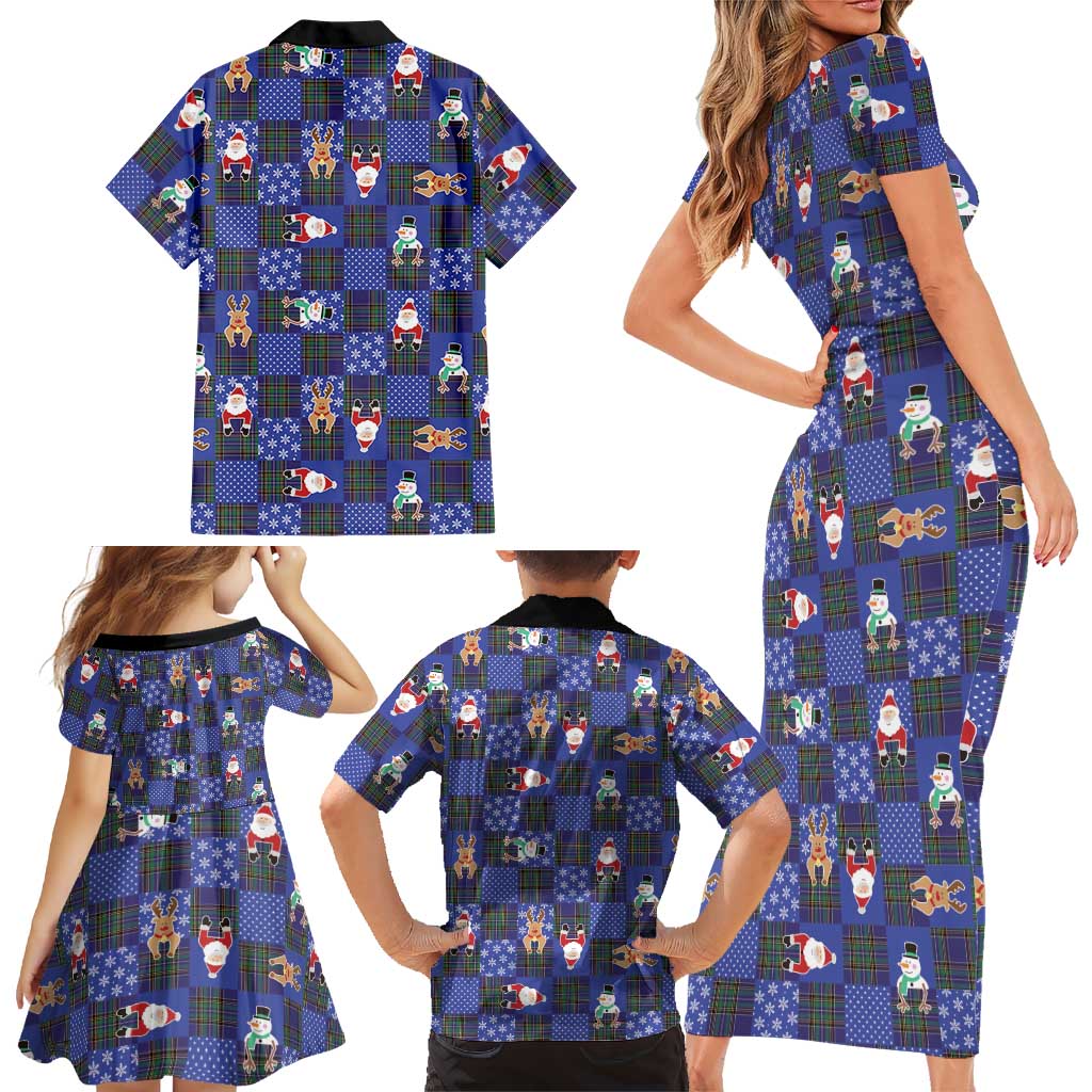 Christmas Patchwork Fake Tuxedo Family Matching Short Sleeve Bodycon Dress and Hawaiian Shirt Santa and Reindeer Blue Plaid Style - Wonder Print Shop