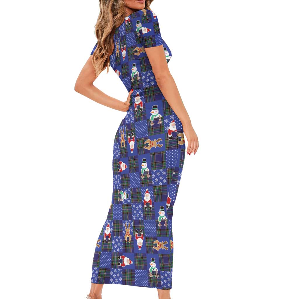 Christmas Patchwork Fake Tuxedo Family Matching Short Sleeve Bodycon Dress and Hawaiian Shirt Santa and Reindeer Blue Plaid Style - Wonder Print Shop