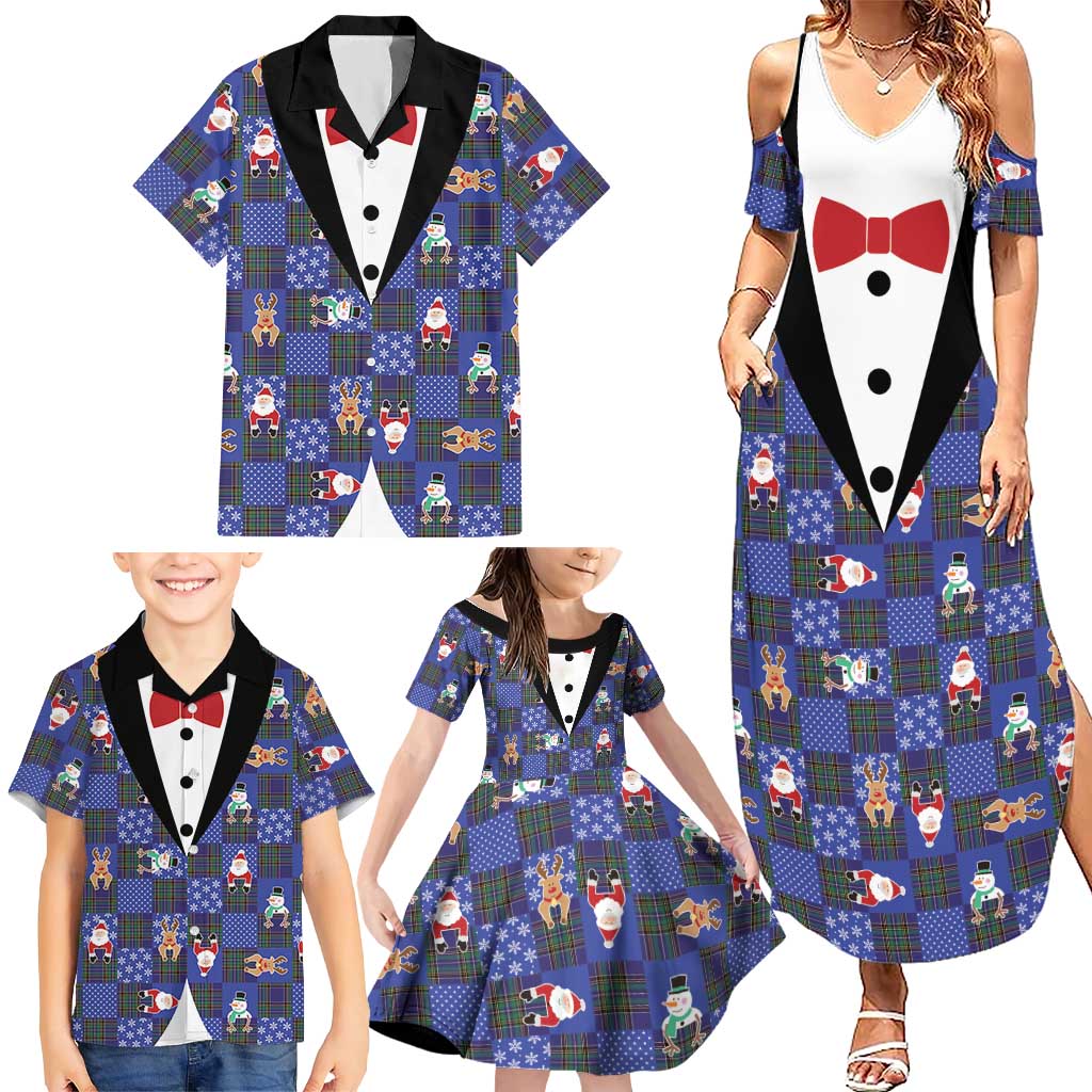 Christmas Patchwork Fake Tuxedo Family Matching Summer Maxi Dress and Hawaiian Shirt Santa and Reindeer Blue Plaid Style - Wonder Print Shop