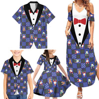 Christmas Patchwork Fake Tuxedo Family Matching Summer Maxi Dress and Hawaiian Shirt Santa and Reindeer Blue Plaid Style - Wonder Print Shop