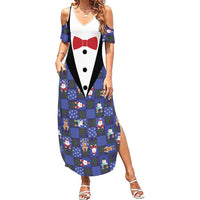 Christmas Patchwork Fake Tuxedo Family Matching Summer Maxi Dress and Hawaiian Shirt Santa and Reindeer Blue Plaid Style - Wonder Print Shop