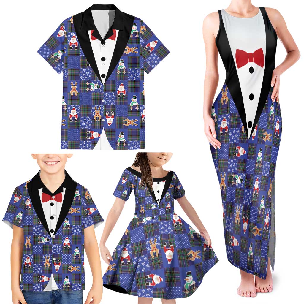 Christmas Patchwork Fake Tuxedo Family Matching Tank Maxi Dress and Hawaiian Shirt Santa and Reindeer Blue Plaid Style - Wonder Print Shop