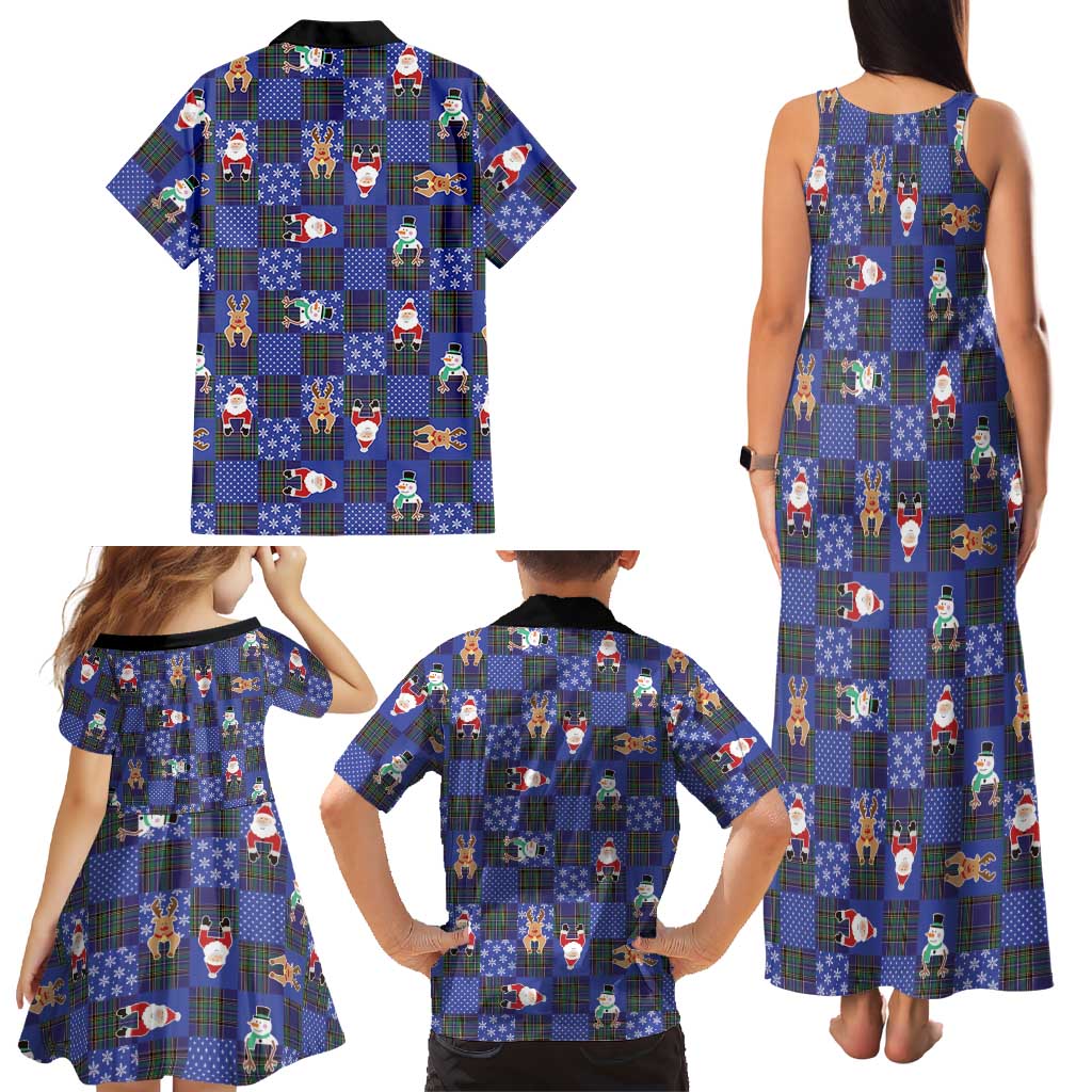 Christmas Patchwork Fake Tuxedo Family Matching Tank Maxi Dress and Hawaiian Shirt Santa and Reindeer Blue Plaid Style - Wonder Print Shop