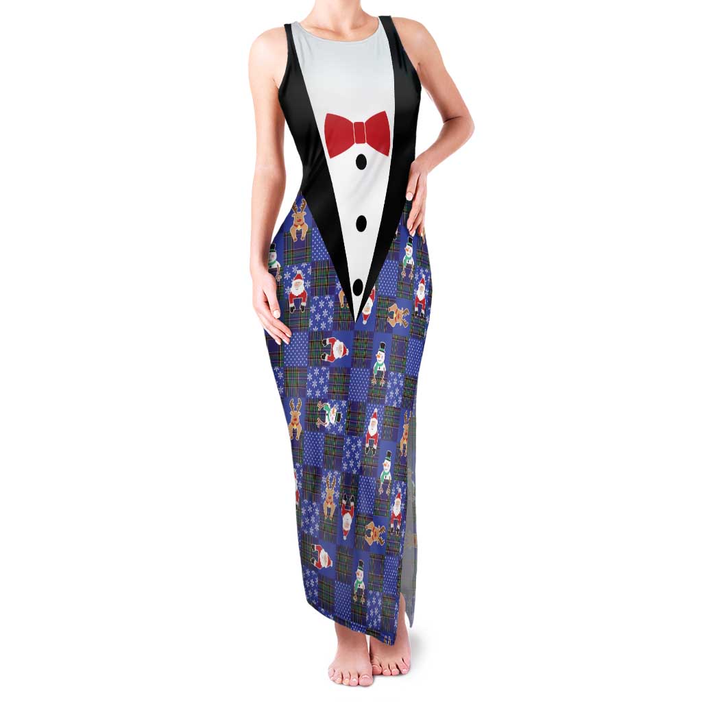 Christmas Patchwork Fake Tuxedo Family Matching Tank Maxi Dress and Hawaiian Shirt Santa and Reindeer Blue Plaid Style - Wonder Print Shop
