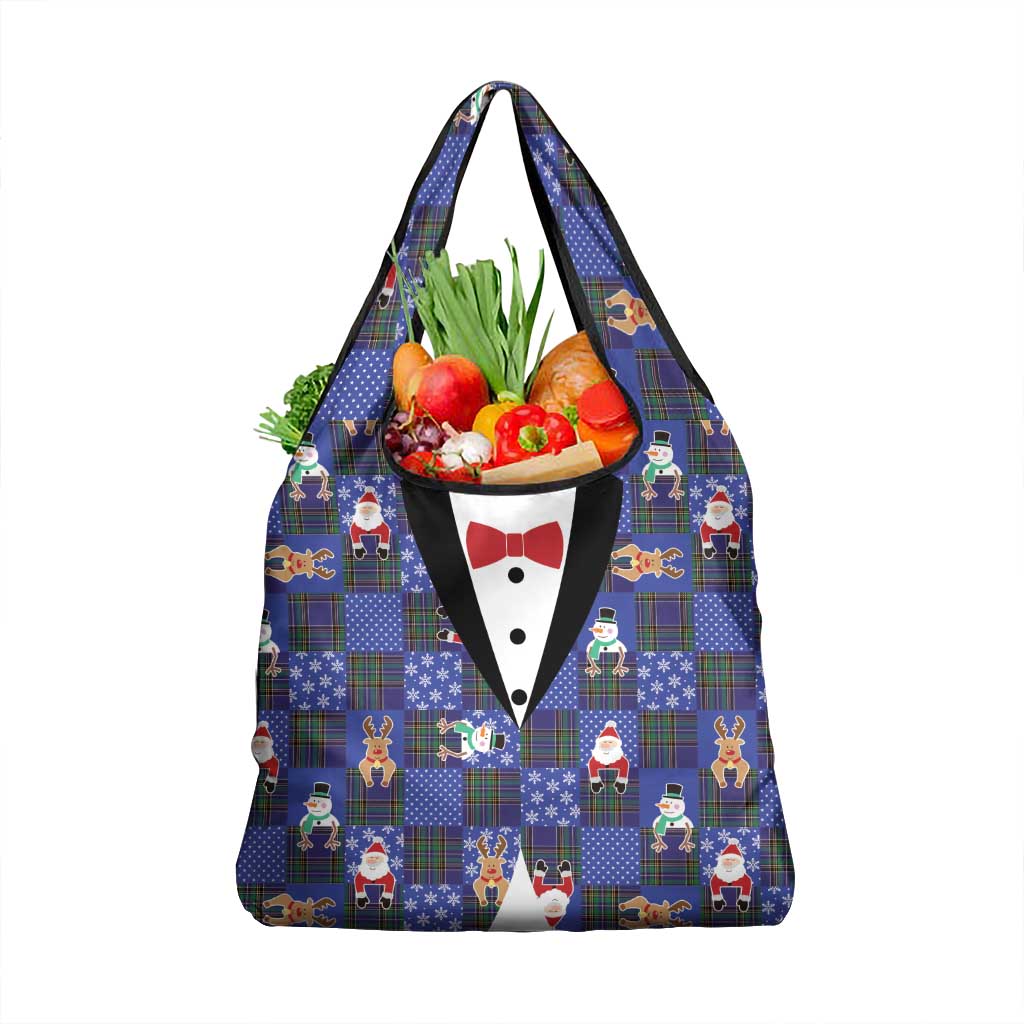 Christmas Patchwork Fake Tuxedo Grocery Bag Santa and Reindeer Blue Plaid Style - Wonder Print Shop