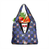 Christmas Patchwork Fake Tuxedo Grocery Bag Santa and Reindeer Blue Plaid Style - Wonder Print Shop