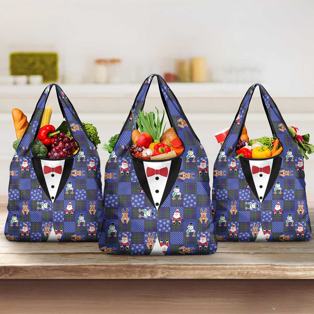 Christmas Patchwork Fake Tuxedo Grocery Bag Santa and Reindeer Blue Plaid Style - Wonder Print Shop