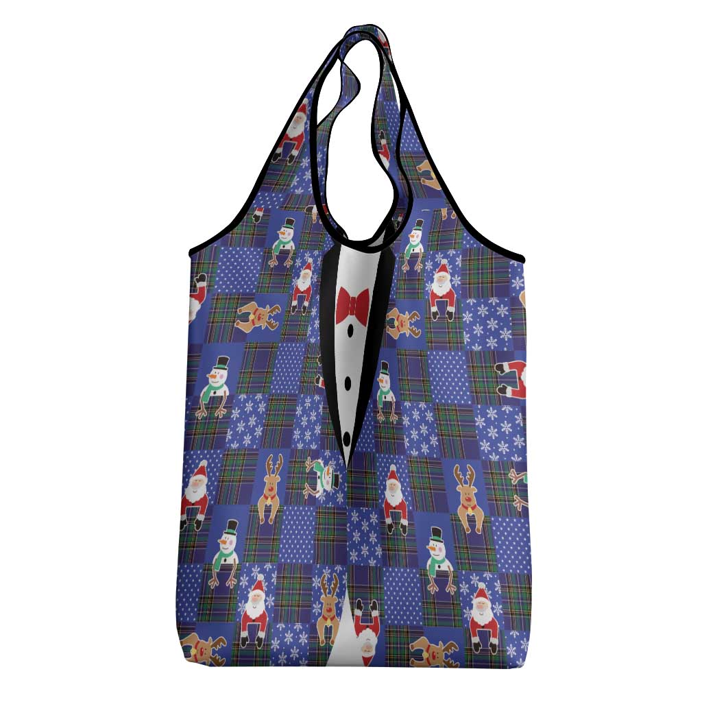 Christmas Patchwork Fake Tuxedo Grocery Bag Santa and Reindeer Blue Plaid Style - Wonder Print Shop
