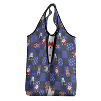 Christmas Patchwork Fake Tuxedo Grocery Bag Santa and Reindeer Blue Plaid Style - Wonder Print Shop