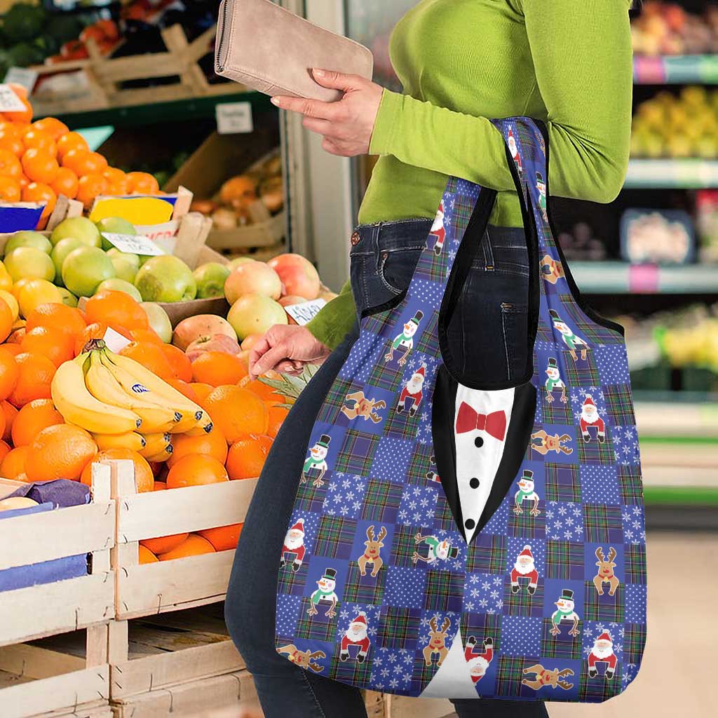 Christmas Patchwork Fake Tuxedo Grocery Bag Santa and Reindeer Blue Plaid Style - Wonder Print Shop