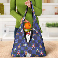 Christmas Patchwork Fake Tuxedo Grocery Bag Santa and Reindeer Blue Plaid Style - Wonder Print Shop