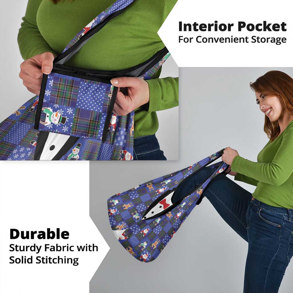 Christmas Patchwork Fake Tuxedo Grocery Bag Santa and Reindeer Blue Plaid Style - Wonder Print Shop