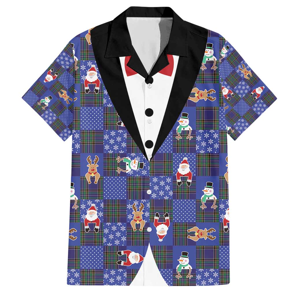 Christmas Patchwork Fake Tuxedo Hawaiian Shirt Santa and Reindeer Blue Plaid Style - Wonder Print Shop