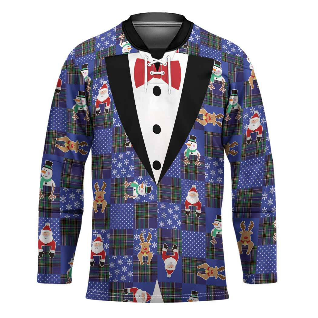 Christmas Patchwork Fake Tuxedo Hockey Jersey Santa and Reindeer Blue Plaid Style - Wonder Print Shop