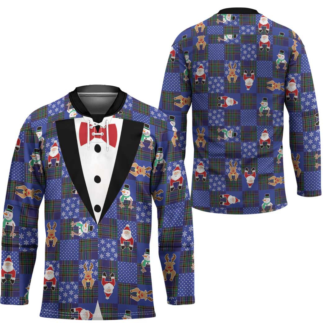 Christmas Patchwork Fake Tuxedo Hockey Jersey Santa and Reindeer Blue Plaid Style - Wonder Print Shop
