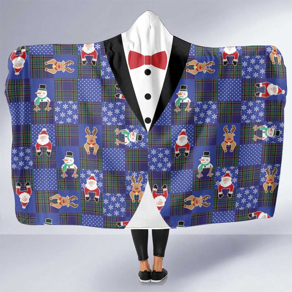 Christmas Patchwork Fake Tuxedo Hooded Blanket Santa and Reindeer Blue Plaid Style - Wonder Print Shop