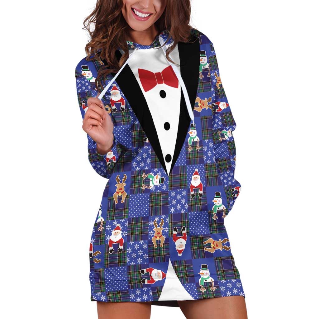 Christmas Patchwork Fake Tuxedo Hoodie Dress Santa and Reindeer Blue Plaid Style - Wonder Print Shop