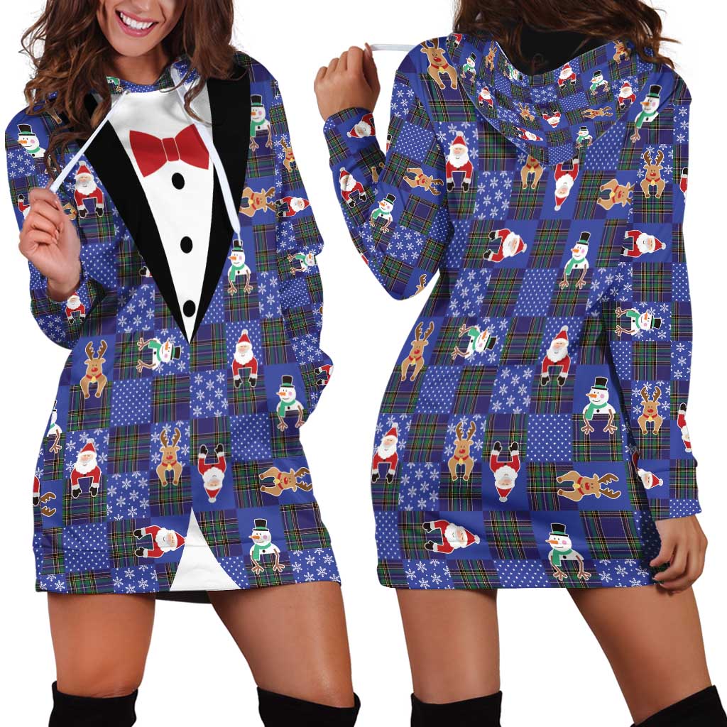 Christmas Patchwork Fake Tuxedo Hoodie Dress Santa and Reindeer Blue Plaid Style - Wonder Print Shop