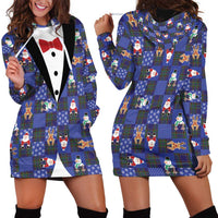 Christmas Patchwork Fake Tuxedo Hoodie Dress Santa and Reindeer Blue Plaid Style - Wonder Print Shop
