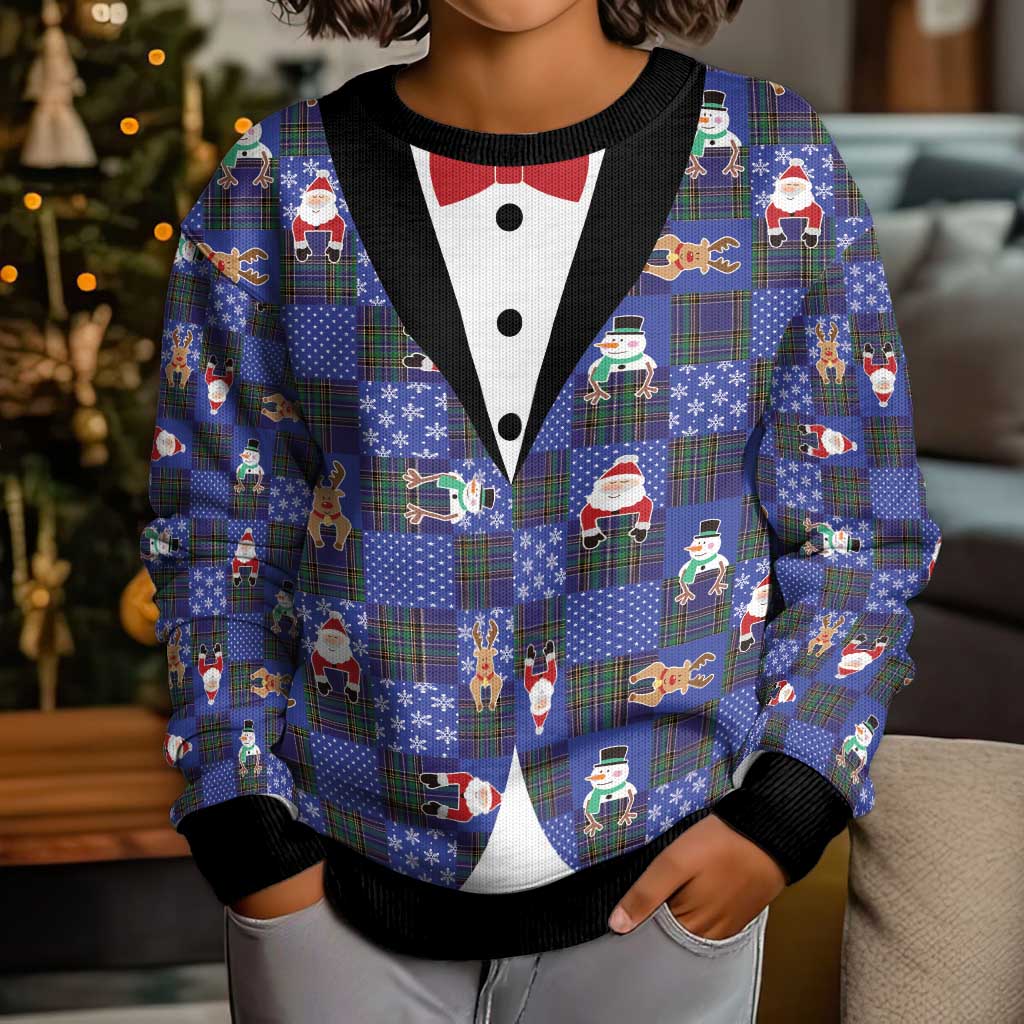 Christmas Patchwork Fake Tuxedo Kid Ugly Christmas Sweater Santa and Reindeer Blue Plaid Style - Wonder Print Shop