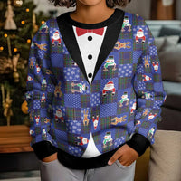 Christmas Patchwork Fake Tuxedo Kid Ugly Christmas Sweater Santa and Reindeer Blue Plaid Style - Wonder Print Shop