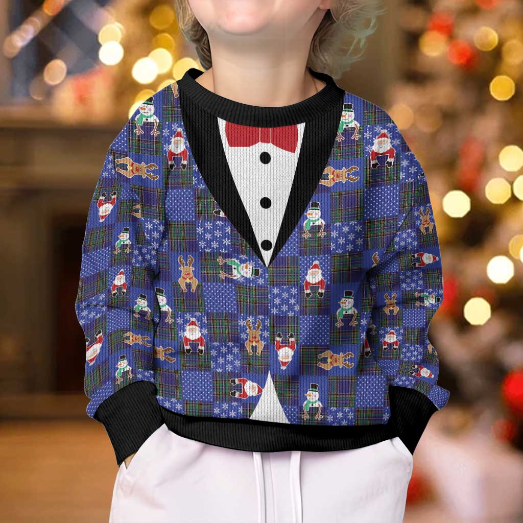 Christmas Patchwork Fake Tuxedo Kid Ugly Christmas Sweater Santa and Reindeer Blue Plaid Style - Wonder Print Shop