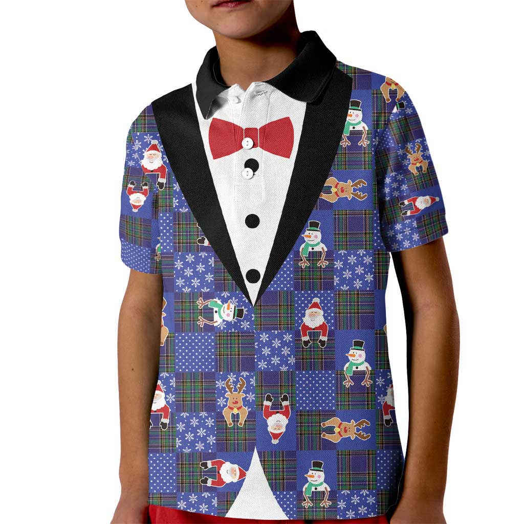 Christmas Patchwork Fake Tuxedo Kid Polo Shirt Santa and Reindeer Blue Plaid Style - Wonder Print Shop