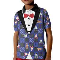 Christmas Patchwork Fake Tuxedo Kid Polo Shirt Santa and Reindeer Blue Plaid Style - Wonder Print Shop