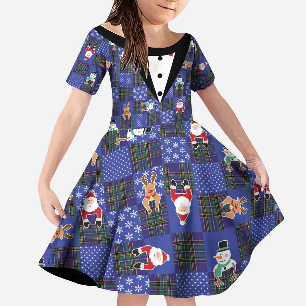Christmas Patchwork Fake Tuxedo Kid Short Sleeve Dress Santa and Reindeer Blue Plaid Style - Wonder Print Shop