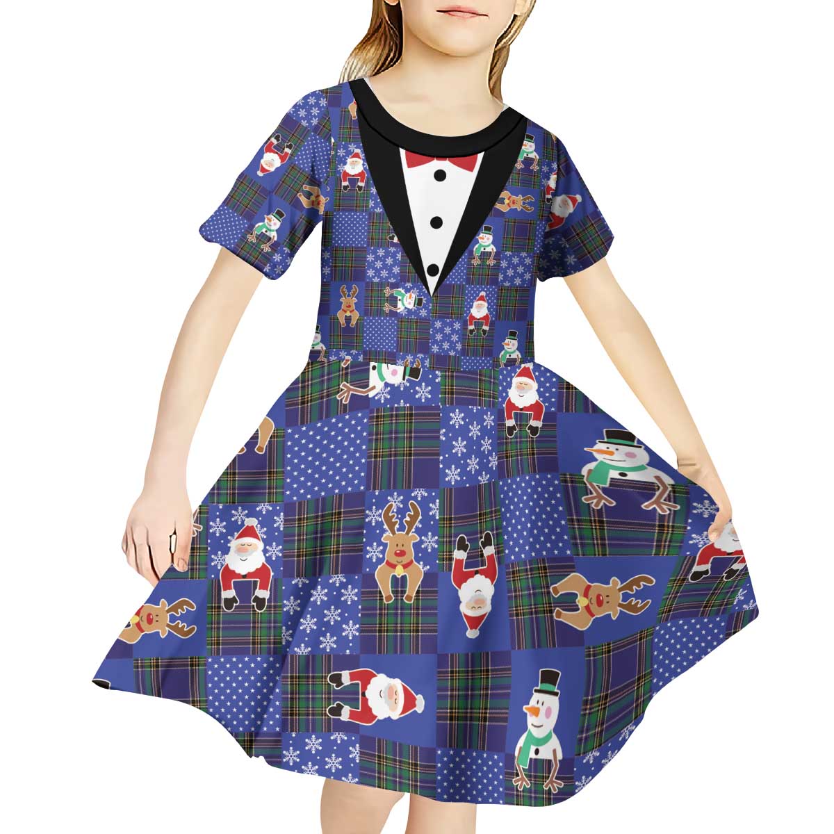 Christmas Patchwork Fake Tuxedo Kid Short Sleeve Dress Santa and Reindeer Blue Plaid Style - Wonder Print Shop