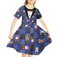 Christmas Patchwork Fake Tuxedo Kid Short Sleeve Dress Santa and Reindeer Blue Plaid Style - Wonder Print Shop