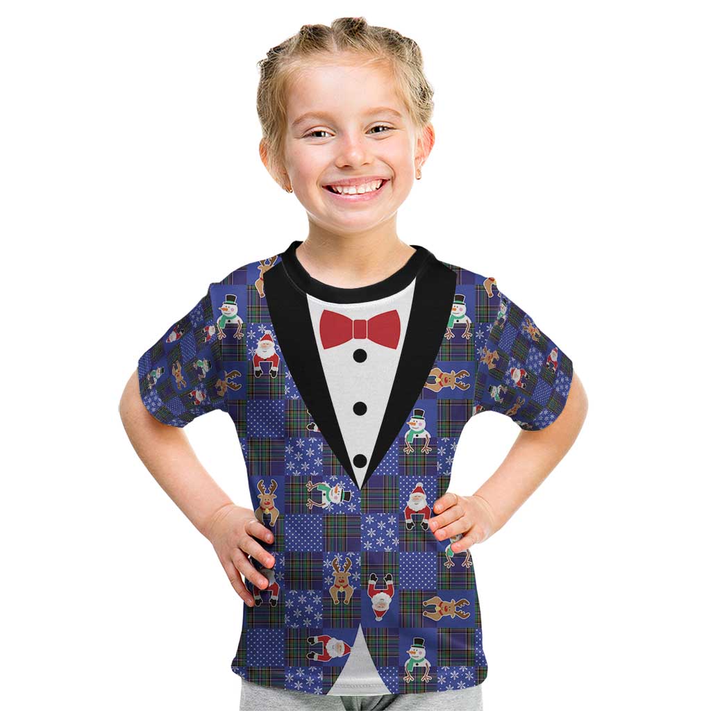 Christmas Patchwork Fake Tuxedo Kid T Shirt Santa and Reindeer Blue Plaid Style - Wonder Print Shop