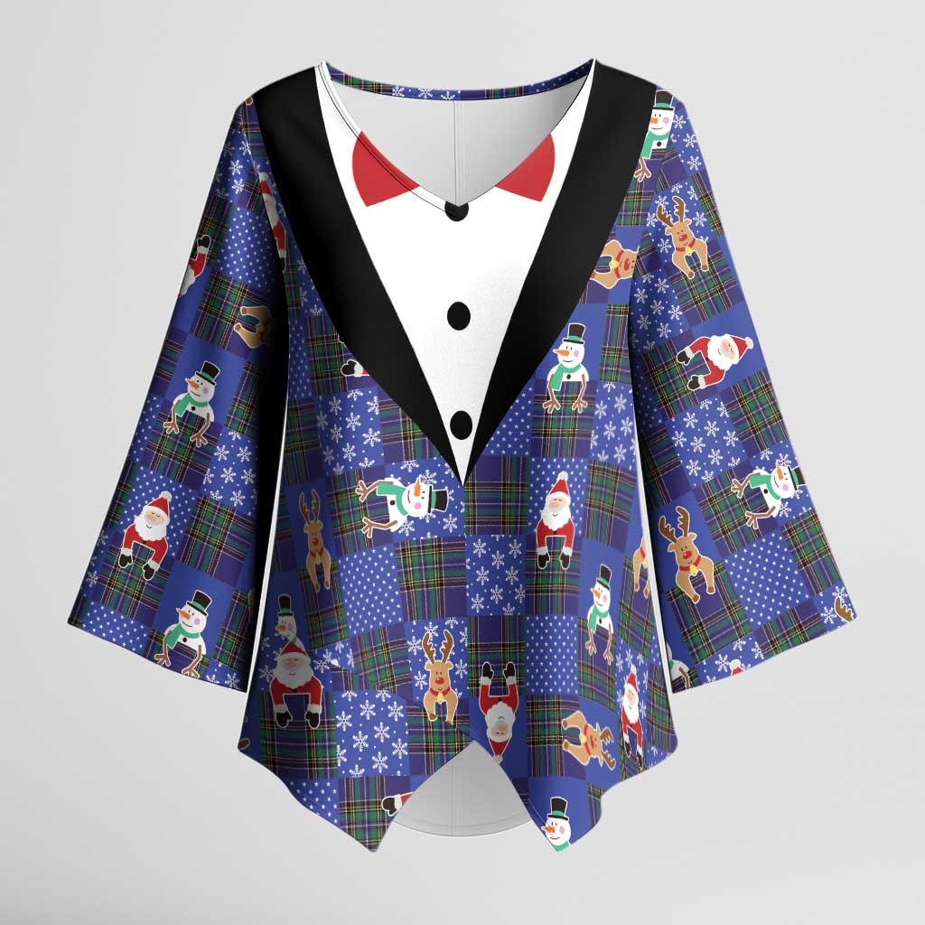 Christmas Patchwork Fake Tuxedo Kimono Sleeve Blouse Santa and Reindeer Blue Plaid Style - Wonder Print Shop