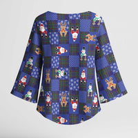 Christmas Patchwork Fake Tuxedo Kimono Sleeve Blouse Santa and Reindeer Blue Plaid Style - Wonder Print Shop