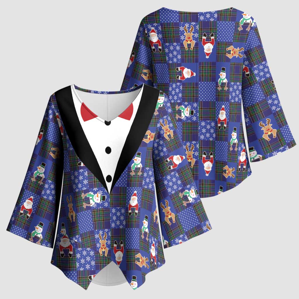 Christmas Patchwork Fake Tuxedo Kimono Sleeve Blouse Santa and Reindeer Blue Plaid Style - Wonder Print Shop