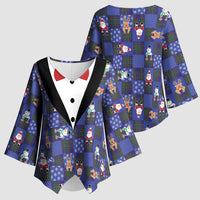 Christmas Patchwork Fake Tuxedo Kimono Sleeve Blouse Santa and Reindeer Blue Plaid Style - Wonder Print Shop