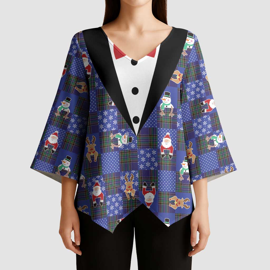 Christmas Patchwork Fake Tuxedo Kimono Sleeve Blouse Santa and Reindeer Blue Plaid Style - Wonder Print Shop