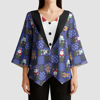 Christmas Patchwork Fake Tuxedo Kimono Sleeve Blouse Santa and Reindeer Blue Plaid Style - Wonder Print Shop